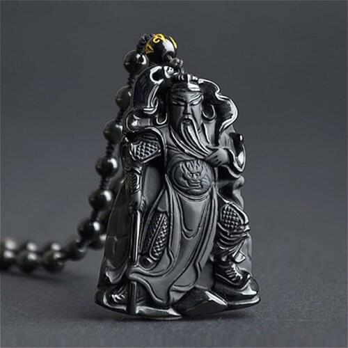 Hand-Carved Guanyu Natural Black Obsidian Jade Pendant Necklace Chinese Fashion Jewelry Charm Amulet Accessories for Men Gifts