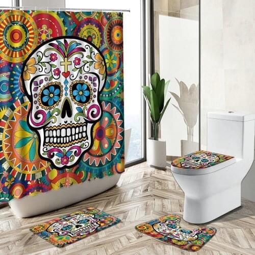Sugar Skull Shower Curtain Set Mexican Pattern Art Plant Flower Design Home Decor Bath Mat Toilet Cover Flannel Bathroom Carpet