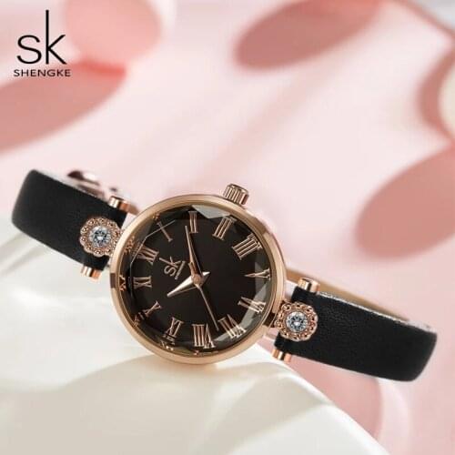 Shengke Luxury Womens Watches Quartz Leather Strap Clock Crystal Dial Decoration Waterproof Ladies Wristwatch Relogio Feminino