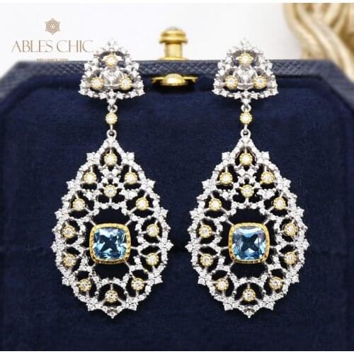 925 Sterling Silver Solitaire Sapphire CZ Oval Drop Earrings Renaissance Flower Babysbreath Earring Vintage Jewelry C11E4S25180