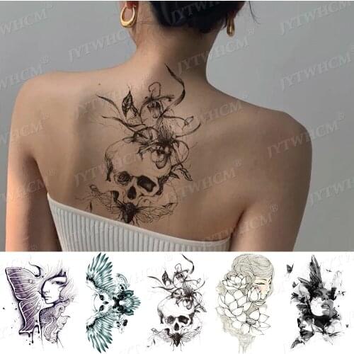 Waterproof Temporary Tattoo For Women Men Cool Stuff Translations For Children Fake Tattoo Sticker Skull Black Feather Butterfly