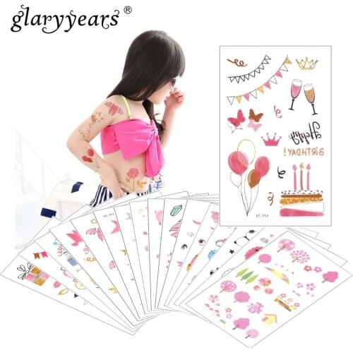 Glaryyears 1 Sheet Temporary Tattoo Sticker Pink Fake Tatoo Balloon Flash Tatto Waterproof Small Body Art Children 18 Designs