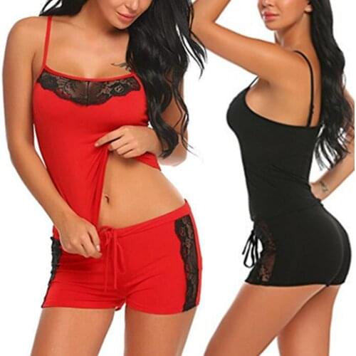 Women Solid Color Adjustable Straps Camisole Shorts Lace Patchwork Sleepwear Set Ladies Sleepwear female Pajama Party Set
