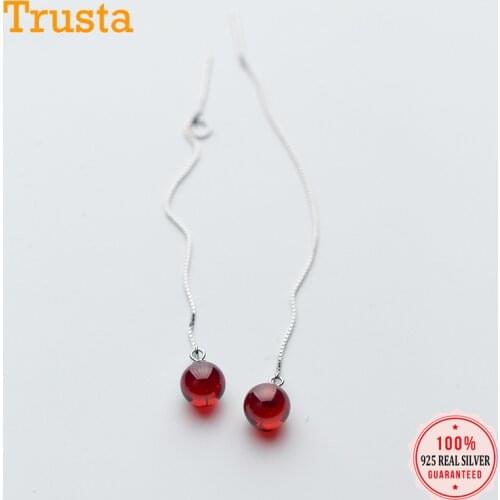 Trustdavis Fashion 925 Sterling Silver Pomegranate Red Dangle Earrings Linked Drop Stick For Women Wedding Jewelry Gift DA934
