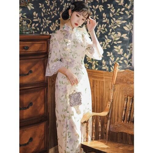 Summer New Ladies Chinese Style Retro Leaf Print Young Cheongsam Dress Small Fresh Art Girl Style Chiffon Mid-Length Dress