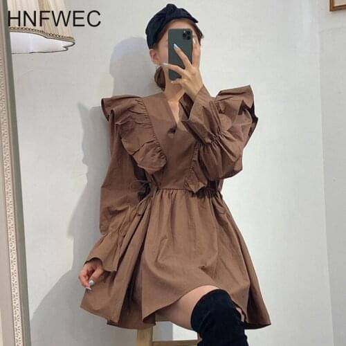 Vintage Patchwork Ruffle Womens Dress V Neck Long Sleeve High Waist Tunic Lace Up Mini Dresses Female 2020 Clothes New T234