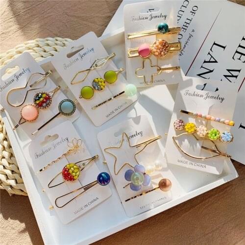 2021 Pearls Crystal Metal Hair Clips Set Trendy Hairpin Girl Colorful Beads Hair Styling Accessories Simple Geometric Barrettes