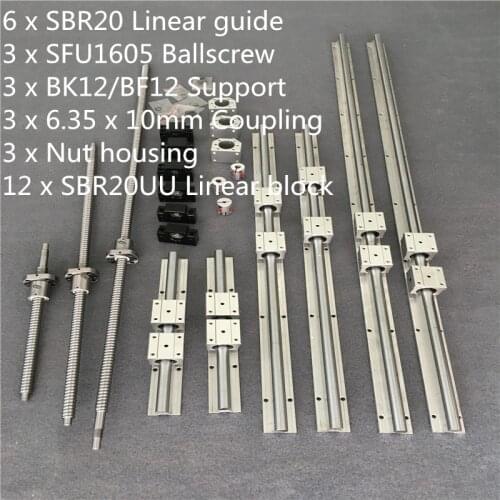 6sets SBR20 Linear Guide rails+3set ballscrew SFU1605- 400/750/800 + BK/BF12 + couplers for CNC Router Milling Machine