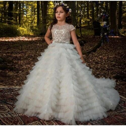 Ivory White Ball Gown Flower Girls Dresses Puffy Tulle Lace First Communion Dress for Special Occasion Size 2-16Y