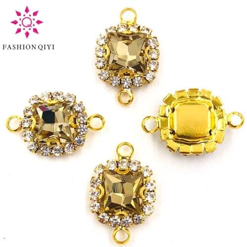 Free shipping Double loop sew on rhinestones Light coffee glass square shape gold base Crystal buckle DIY clothing accessories