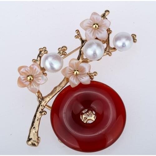 YACQ Women Freshwater Pearl Agate White Shell Flower Branch Shape Pin Brooch Luxury Handmade Jewelry Christmas Gift Girl Her