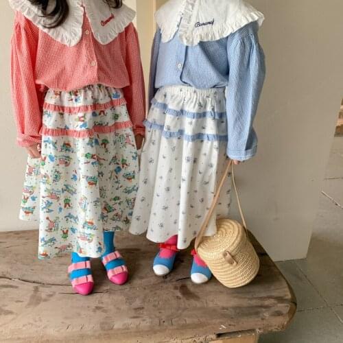 Children skirt 2021 autumn girl cotton fashion long length stitching lace skirts toddler baby floral little prince sanding skirt