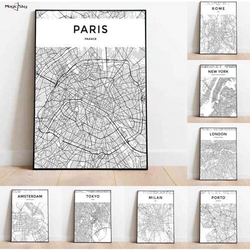 World City Map Paris Black And White Posters And Prints Pictures For Home Design Canvas Painting Living Room Chambre Decoration