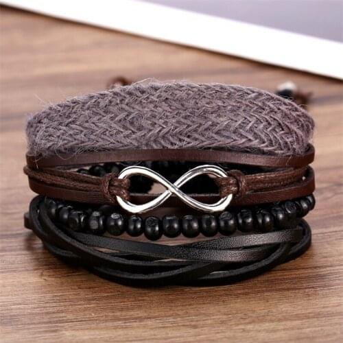 New black mens Leather Bracelet creative hemp rope weaving lucky number 8 Bracelet Set 3 pieces