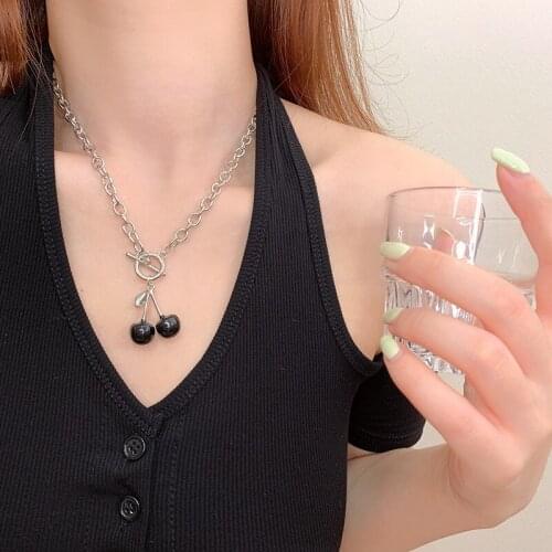 QiLuxy Black Cherry Pendant Necklaces for Women Fashion Silver Color Chain Choker Necklaces Party Jewelry Gifts