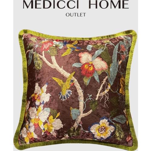 Medicci Home Luxury Pillow Cover Italy Shiny Velvet Floral Hummingbird Print Retro Vintage Ancient Cushion Case Brown 50X50cm