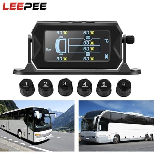 LEEPEE Car RV Truck TPMS Wireless Solar Tire Pressure Monitoring System with 6 External Sensors Digital LCD Alarm