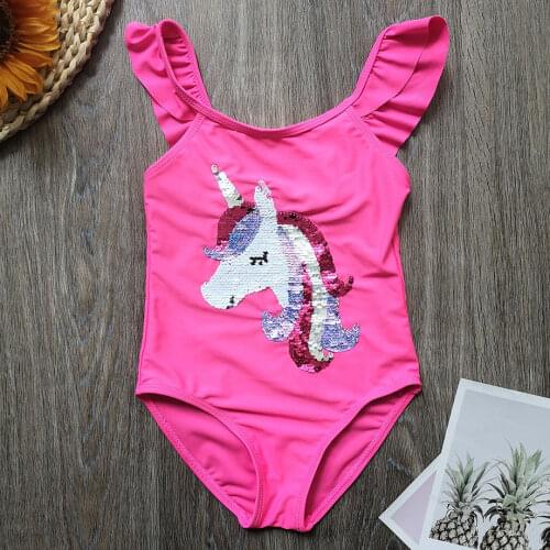 1-8 Years Baby Girl One Piece Swimsuit Unicorn Sequin Toddler Girl Bathing Suit Cute Ruffle Infant Childrens Swimwear Beachwear