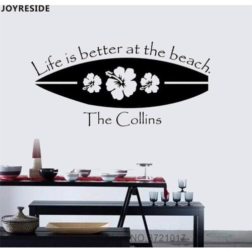 JOYRESIDE Surfboard Flowers Wall Decal Life Is Beter Quote Vinyl Stickcer Sport Style Home Livingroom Decor Interior Design A688