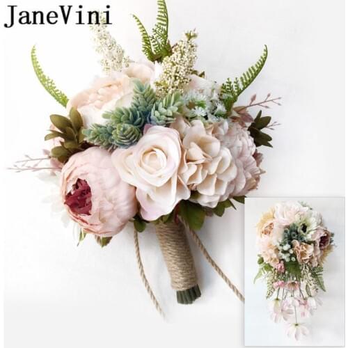 JaneVini Vintage Peony Bridal bouquet holder wedding Waterfall Artificial Flowers wedding bouquets for bridesmaids Bride Brooch