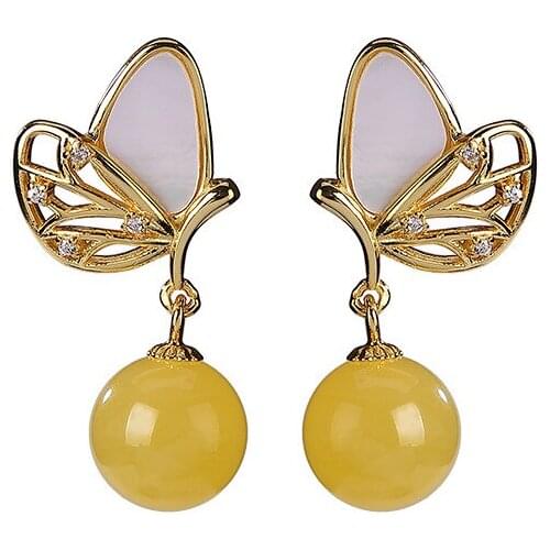 925 sterling silver gold plated Natural Amber Ear studs Personality Butterfly Simple Round beads Temperament Female Eardrops
