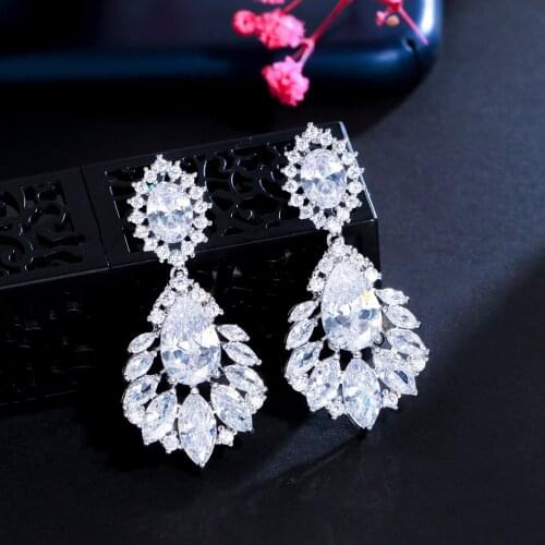 ThreeGraces Jewelry Vintage Silver Color Cubic Zirconia Crystal Long Big Chandelier Earrings For Women Daily Dress ER001