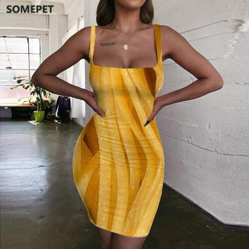 SOMEPET Spaghetti Dresses Women Line Vestido Sexy Yellow Halter Sleeveless Womens Clothing Summer Vintage Beach High Quality