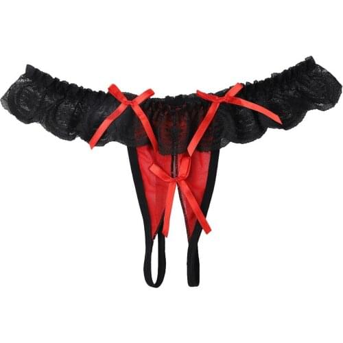 Women Sexy Lingerie Crotchless Panties Open Crotch Floral Lace Underwear Couple Sex Wear Flirty Strappy G-string with Cute Bow