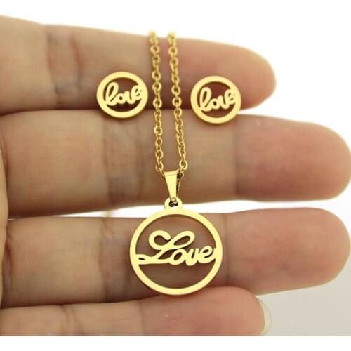 1 Set Golden Stainless Steel Set LOVE In Round Circle Charms Geometric Earrings Necklace Sets for Women Girls Kids Gift