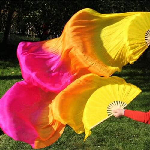 1 pair(L+R) 100% Real silk belly dance Fan Veil Yellow / Orange / Pink 1.8meter fast delivery