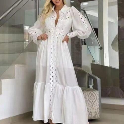 2021 Summer Designer Fashion White Hollow Out Dress Women Elegant Runway New Lantern Sleeve Sexy Long Dress