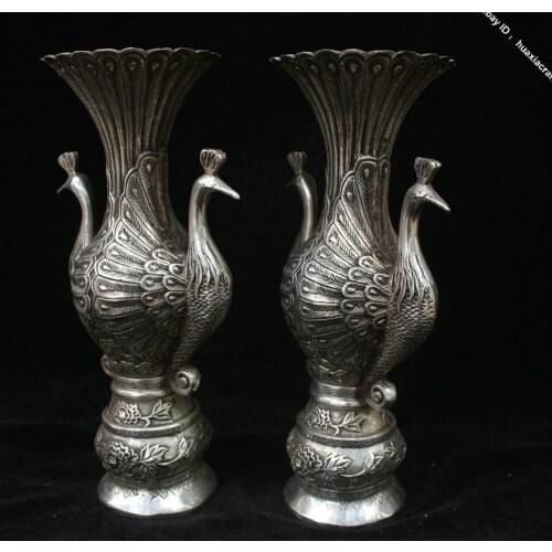 25.5cm Chinese Old Bronze Silver Handmade peacock Vase Pot Jar Jug Bottle Pair