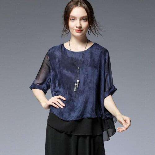Plus Size Elegant Summer Blouse O-neck Mulberry Silk Print Casual Women Tops and Blouses Femme Blusas Mujer De Moda TA73833