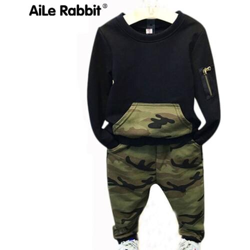 AiLe Rabbit Childrens Clothing Suits for Boys and Girls Classic Camouflage Outdoor Suit Autumn Long-sleeved Shirt with Pants