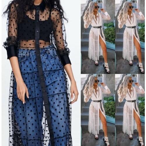 Women Mesh Sheer Transparent Polka Dot Lace Cover up Button Down Maxi Dress See-through Party Clubwear Beach Dress