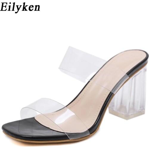Eilyken 2021 PVC Jelly Sandals Open Toe High Heels Women Transparent Slippers Shoes Square heel Clear Sandals size 35-40 Black