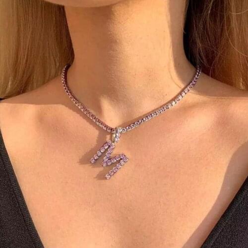 Flatfoosie 2021 Fashion 26 Letters Crystal Tennis Chain Necklace For Women Pink Rhinestone Necklace Pendants Jewelry Party Gift