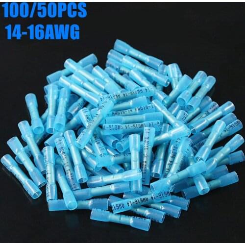 50/100PCS Blue Heat Shrink Butt Terminals Insulated Electrical Wire Connectors 16-14 AWG Cable Crimping Terminals Connector
