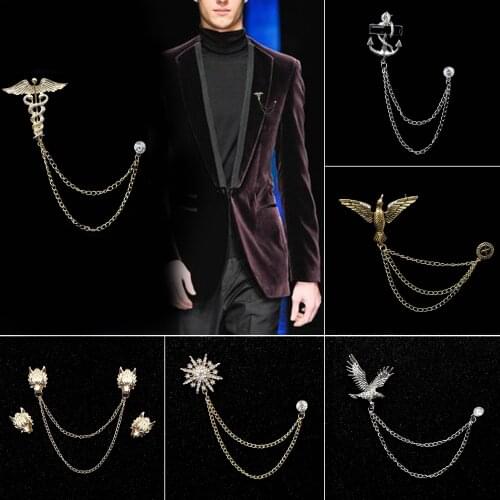 Mens Chain Brooches Delicate Vintage Elk Dragon Head Eagle Wings Badge Wedding Dress Party Suit Shirt Jean Collar Accessories