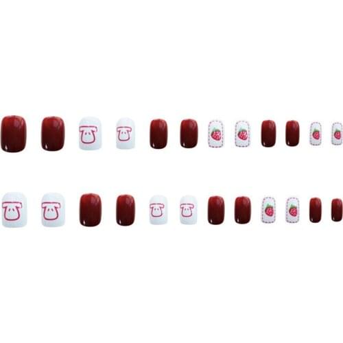 24pcs Strawberry Red Wear Short Paragraph Fashion Manicure Patch False Nails Save Time Wearable Nail Patch SANA889