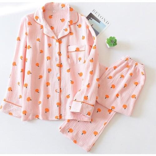 2021 Japanese style Autumn women female 100% Crepe cotton short long sleeve trousers ladies pajamas suit cute pajamas sets home