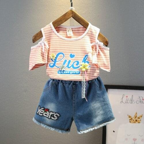 Casual Children Girls Summer Outfits Little Girls Casual Striped Short Sleeve +Denim Shorts 2PCS Kids Girls Clothes Suit