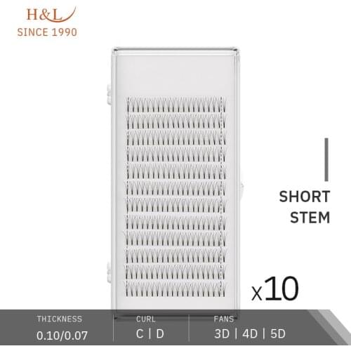 H&L SINCE 1990 0.07 0.10mm Thickness Premade Volume Fans 3D 4D 5D Short Stem Eyelash Extension Premade Fans Ten Trays