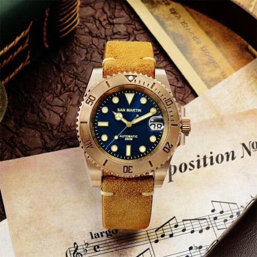 San Martin - Sub CuSn8 Mens Luxury Bronze Full Lumens Diving Watch Surf Dial Sapphire Crystal Mechanical 20 Bar SN017-Q-35