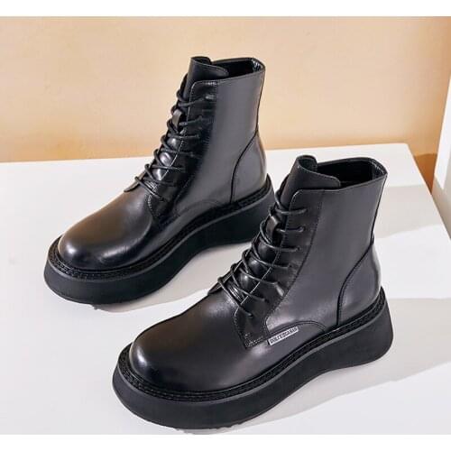 Genuine Leather Chunky Motorcycle Boots for Women Fashion Round Toe Lace-up Combat Boots Ladies Shoes Lolita Shoes dfg5