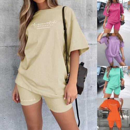Womens Two Pieces set of Sets Homewear Oversize Shirt and Skinny Shorts Set Streetwear Letter Print Set Sportwear