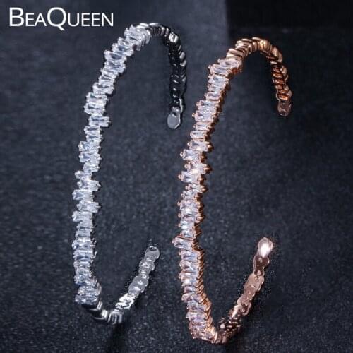 BeaQueen Fashion Clear Baguette Square Cubic Zirconia Stone Setting Adjustable Size Round Cuff Open Bangles for Women B152