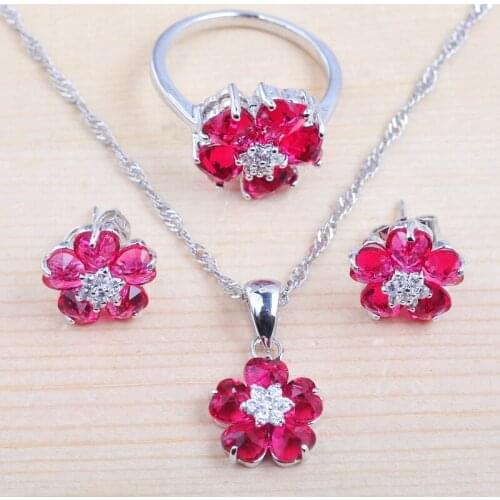 Sparkling Rose Red Zirconia Womens Silver Color Jewelry Sets Earrings Ring Necklace Set Bridal Jewelry Party Gift QZ0542