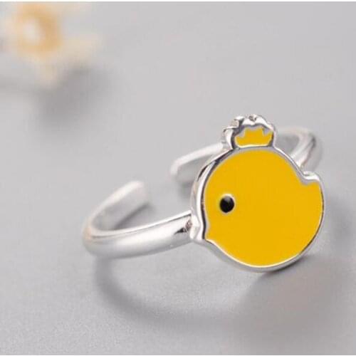 Fine 925 Sterling Silver Fashion Cute Little Yellow Chicken Epoxy Cartoon Chicken Open Rings for Women Creative Jewelry SR399
