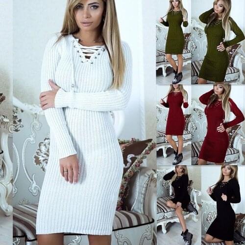 2018 autumn winter womens slim dress office lady skinny bandage v-neck long sleeve pullover wool dresses for female S M L XL